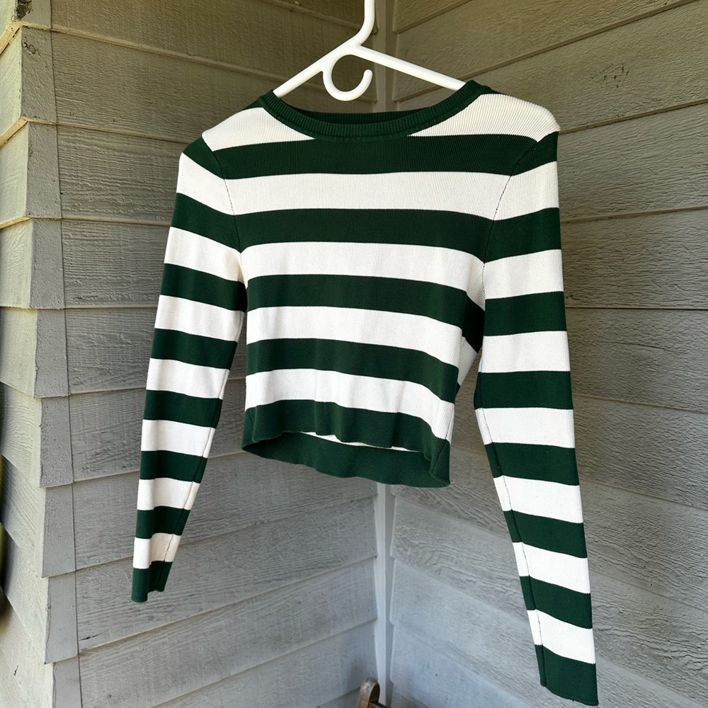 Green and White Striped Long Sleeve Crop Top